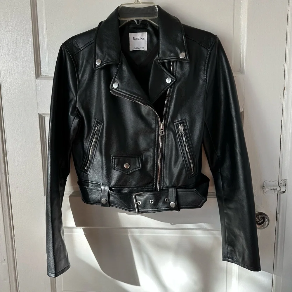 Bershka Black Faux Leather Biker Moto Jacket‎ Full Zip Grunge Lg NWOT - Picture 15 of 15